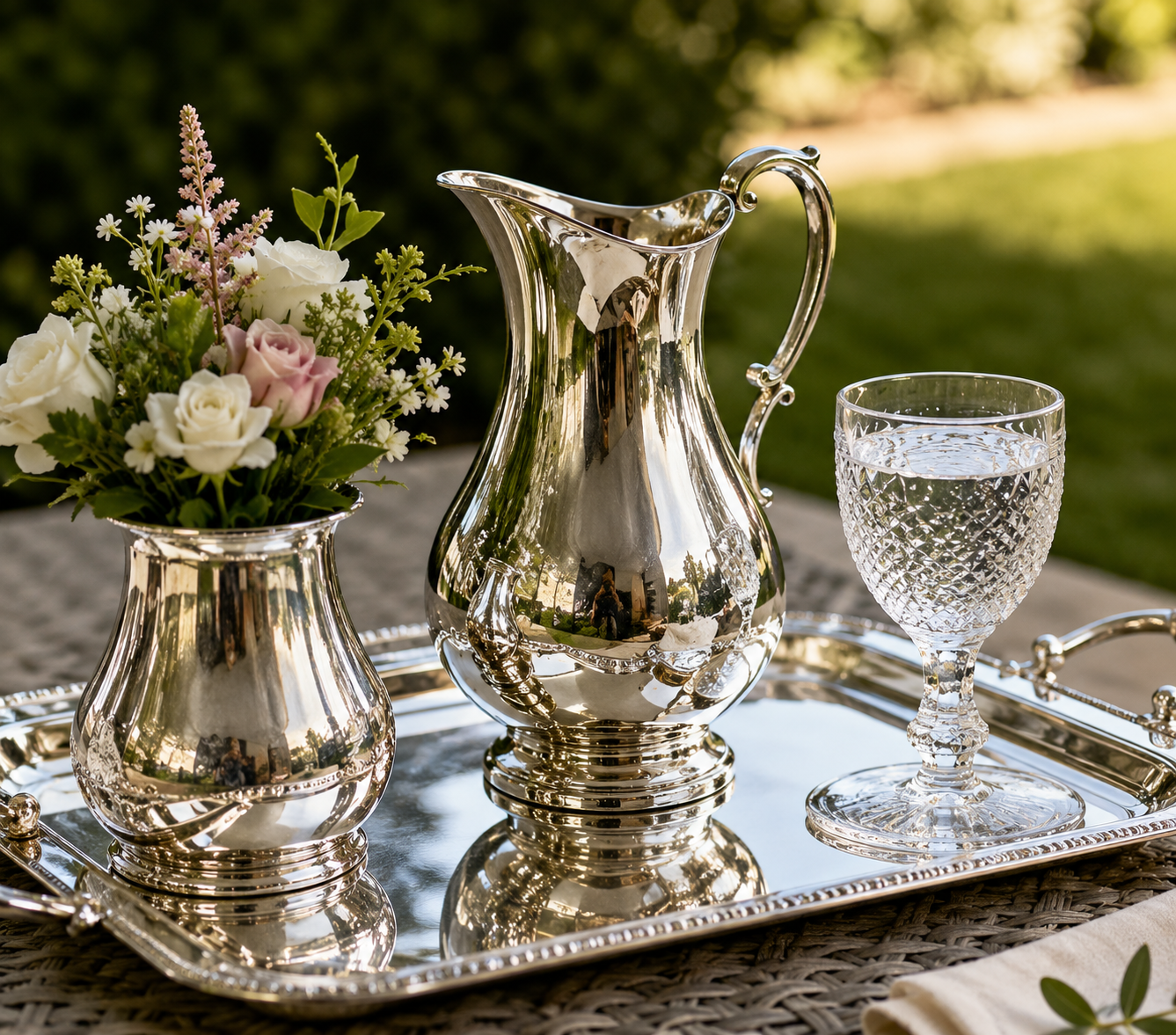 Broc à eau en métal argenté et verre cristal art de la table Bruxelles 