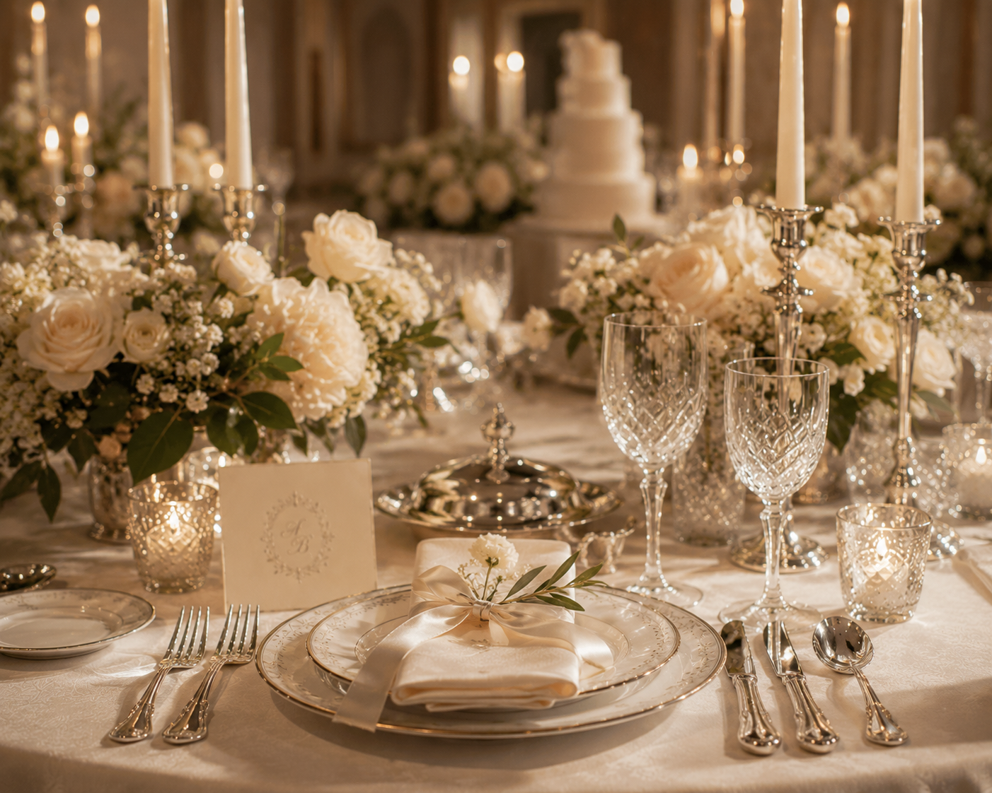 Table de mariage dressée de façon classique avec argenterie, cristaux et porcelaine
