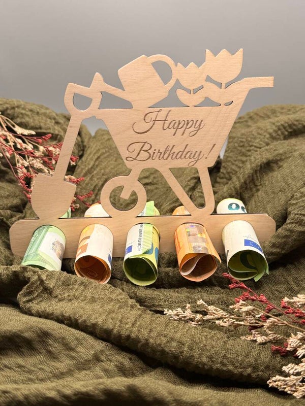 Holz Schubkarre als Geldgeschenk – Happy Birthday