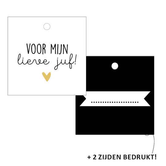 Cadeau label 2 kanten bedrukt "voor mijn lieve juf" met goudfolie