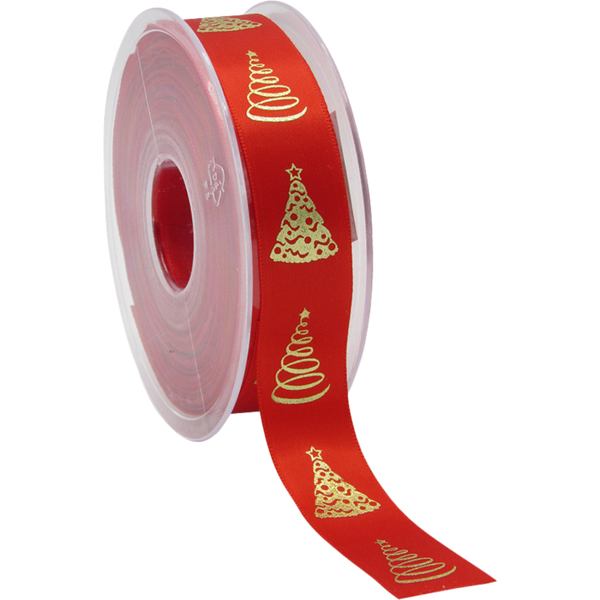 Satijnlint, 23mm, 25m, PP, Christmas Tree, rood/goud