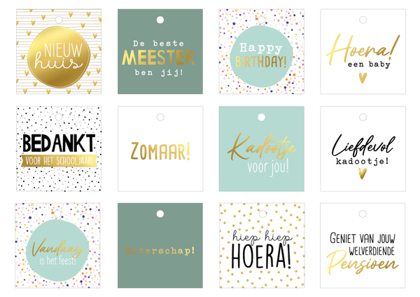 cadeau labels diverse designs 40x70 mm mint, goud, wit