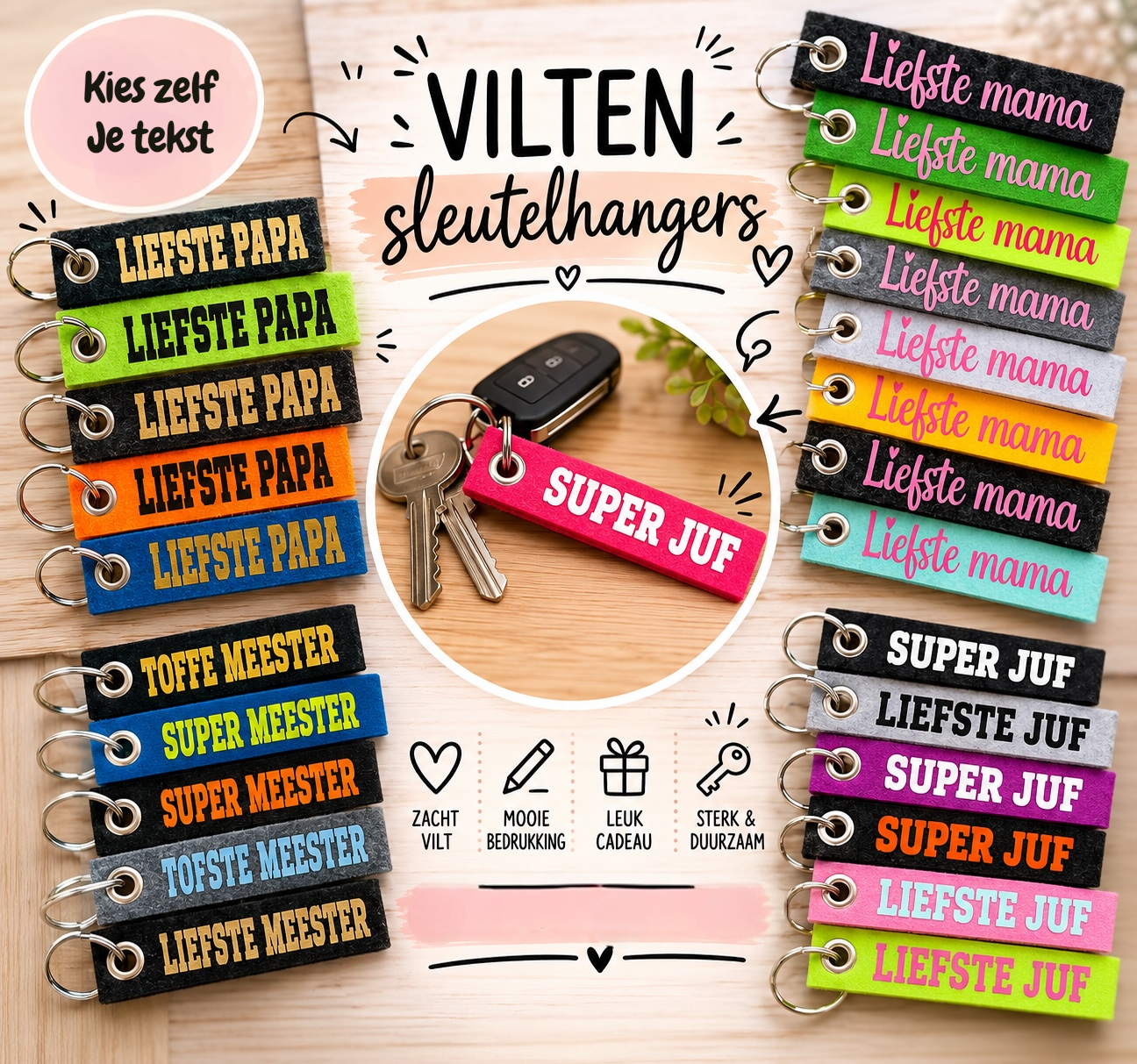 Vilten sleutelhanger – eigen tekst