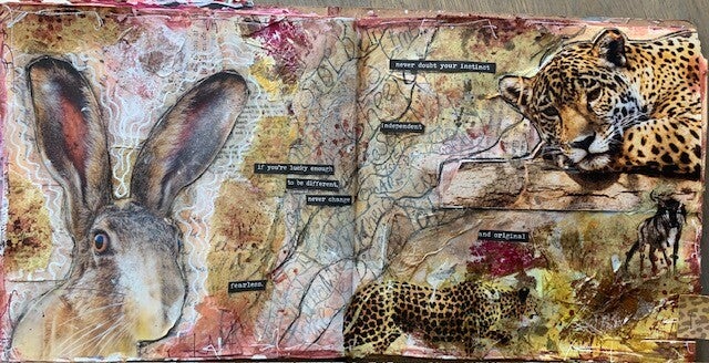 Art Jounral, mixed media, haas, luipaard, if you're lucky enough te be different never change. 