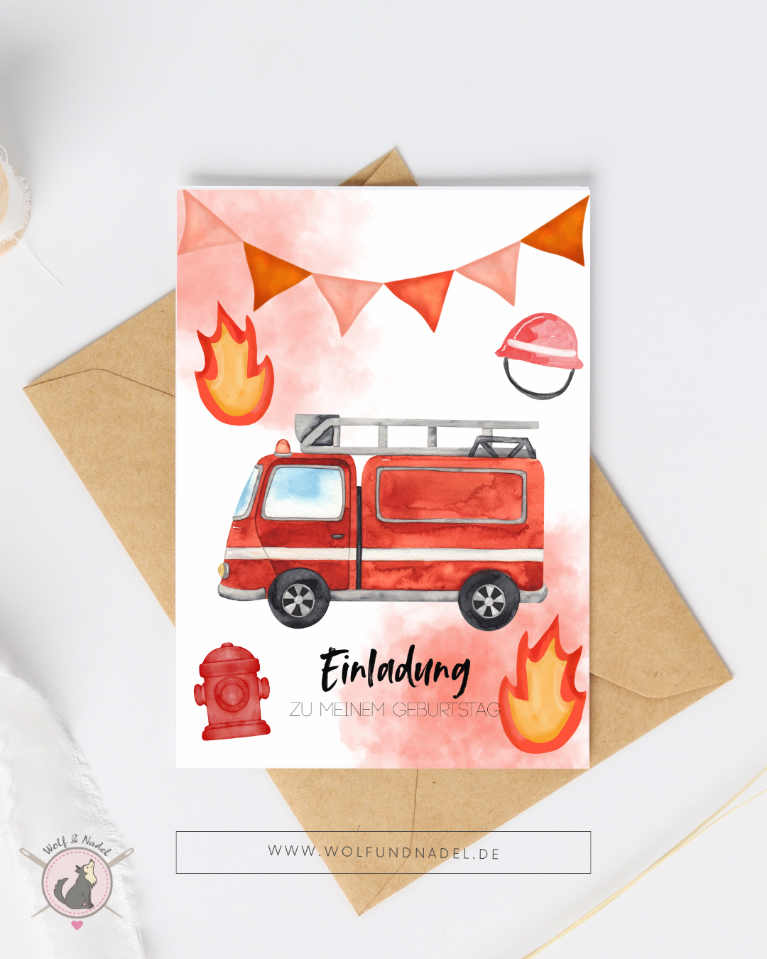 Einladung Kindergeburtstag Feuerwehr | A6 Karte mit Umschlag | Vorgedruckt & beschriftbar