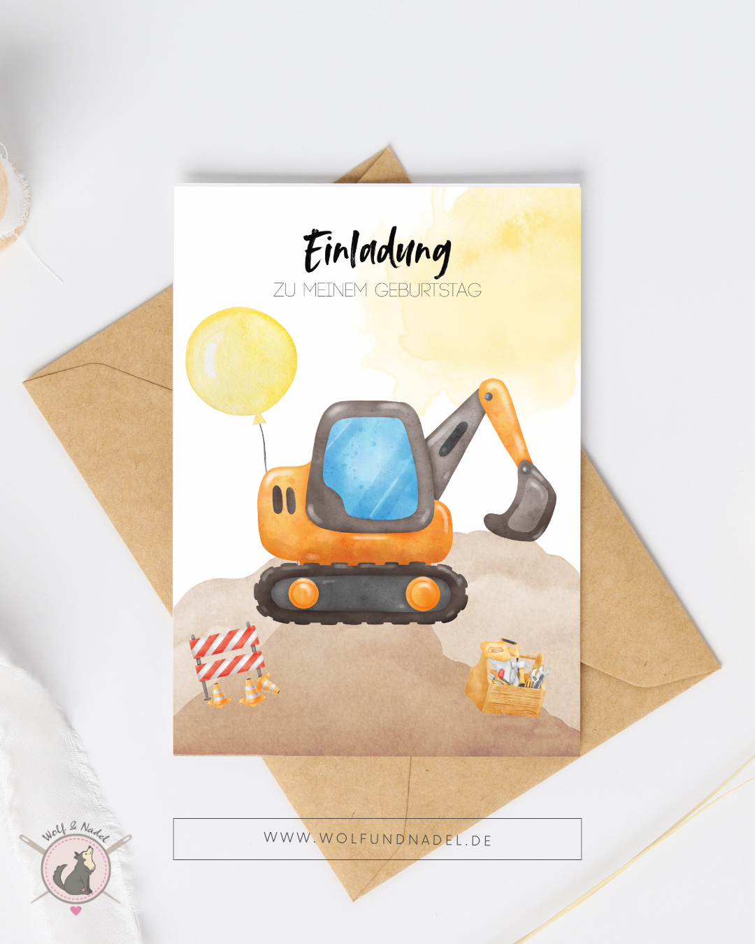 Einladung Kindergeburtstag Baustelle | A6 Karte mit Umschlag | Vorgedruckt & beschriftbar