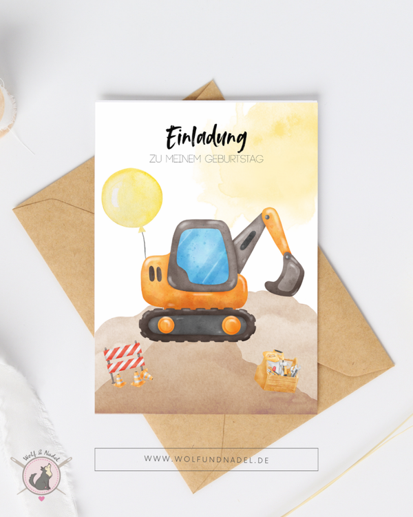 Einladung Kindergeburtstag Baustelle | A6 Karte mit Umschlag | Vorgedruckt & beschriftbar