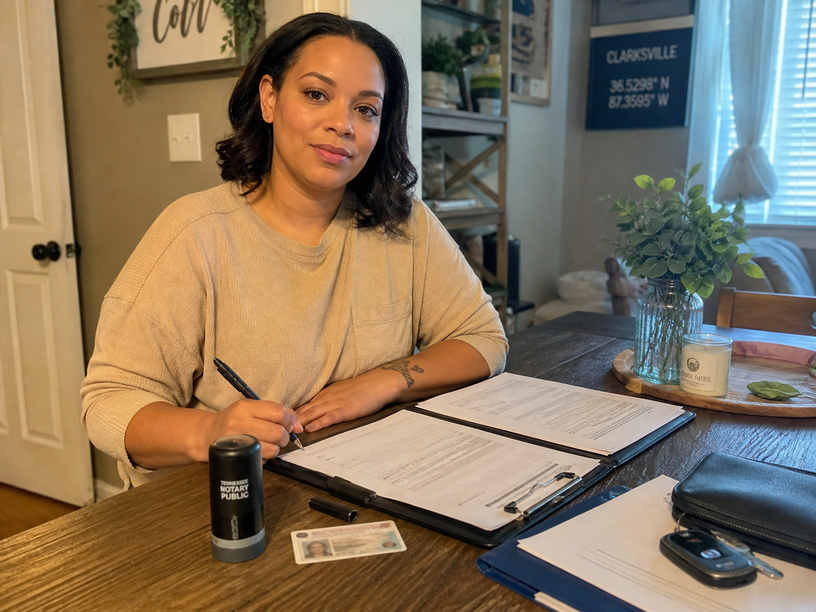 Mobile notary Clarksville TN appointment preparation with documents, pen, and notary stamp