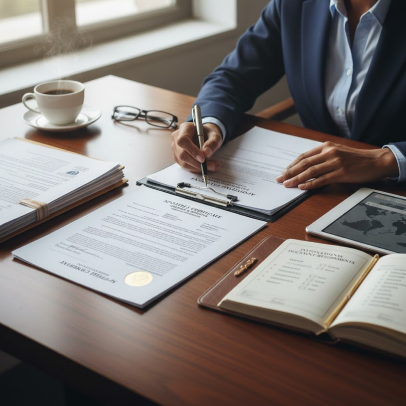 Notarized documents being reviewed for additional destination or apostille requirements.