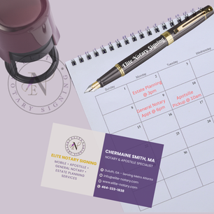 Elite Notary Signing branding mockup featuring business card, notary seal, and calendar with appointments for apostille, estate planning, and general notary services in Metro Atlanta.