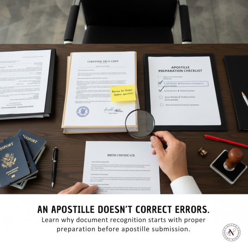 Official documents prepared for apostille recognition with certification review in progress.