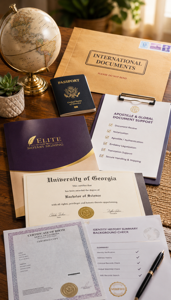 Apostille service consultation for Metro Atlanta clients with Elite Notary Signing, highlighting organized Georgia document support for international use.