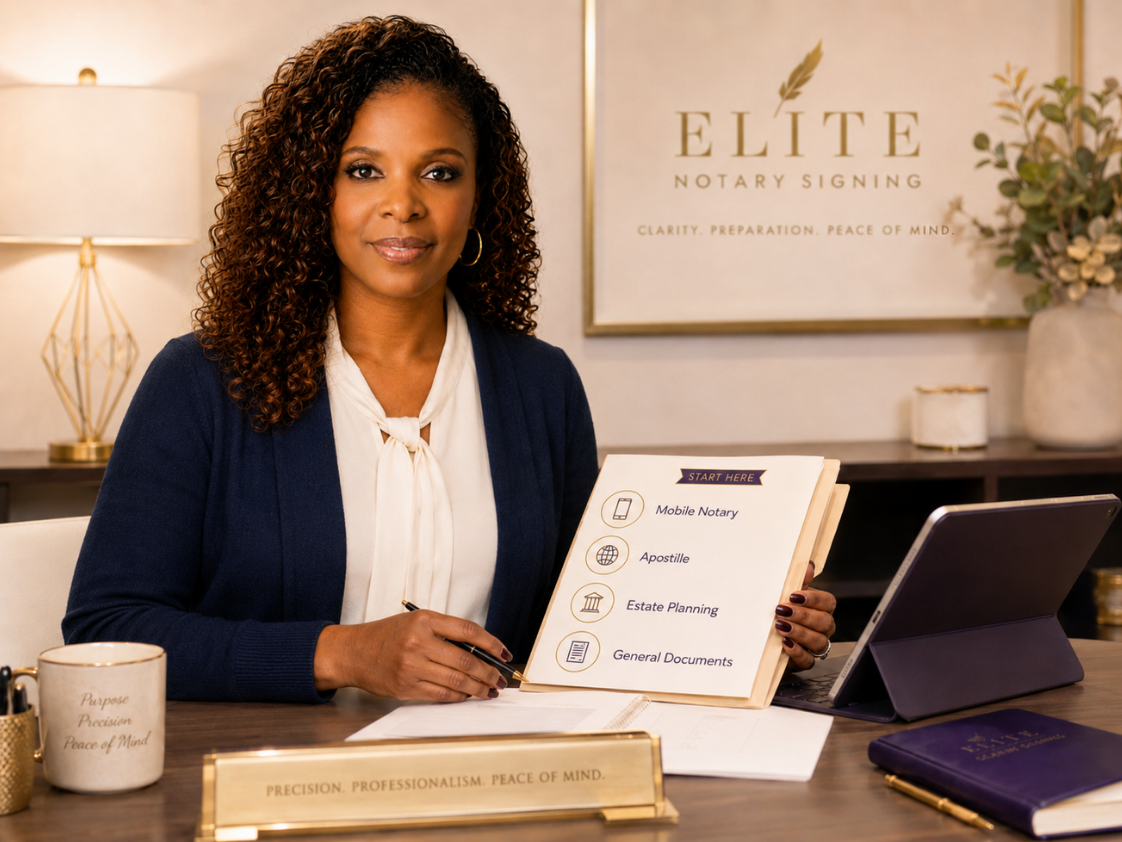 Chermaine Smith of Elite Notary Signing seated at a professional desk holding a Start Here guide for mobile notary, apostille, estate planning, and general document services in Duluth, Georgia.