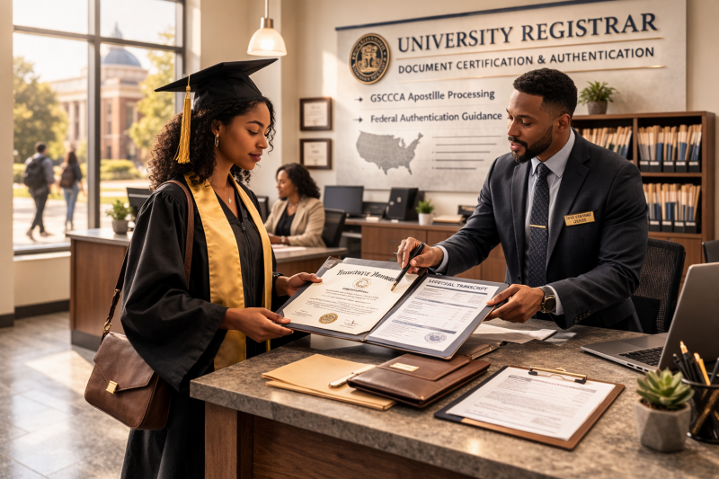 African American graduate in cap and gown reviewing diploma and academic transcript with university registrar staff inside campus registrar office, representing Georgia apostille routing and document authentication oversight.