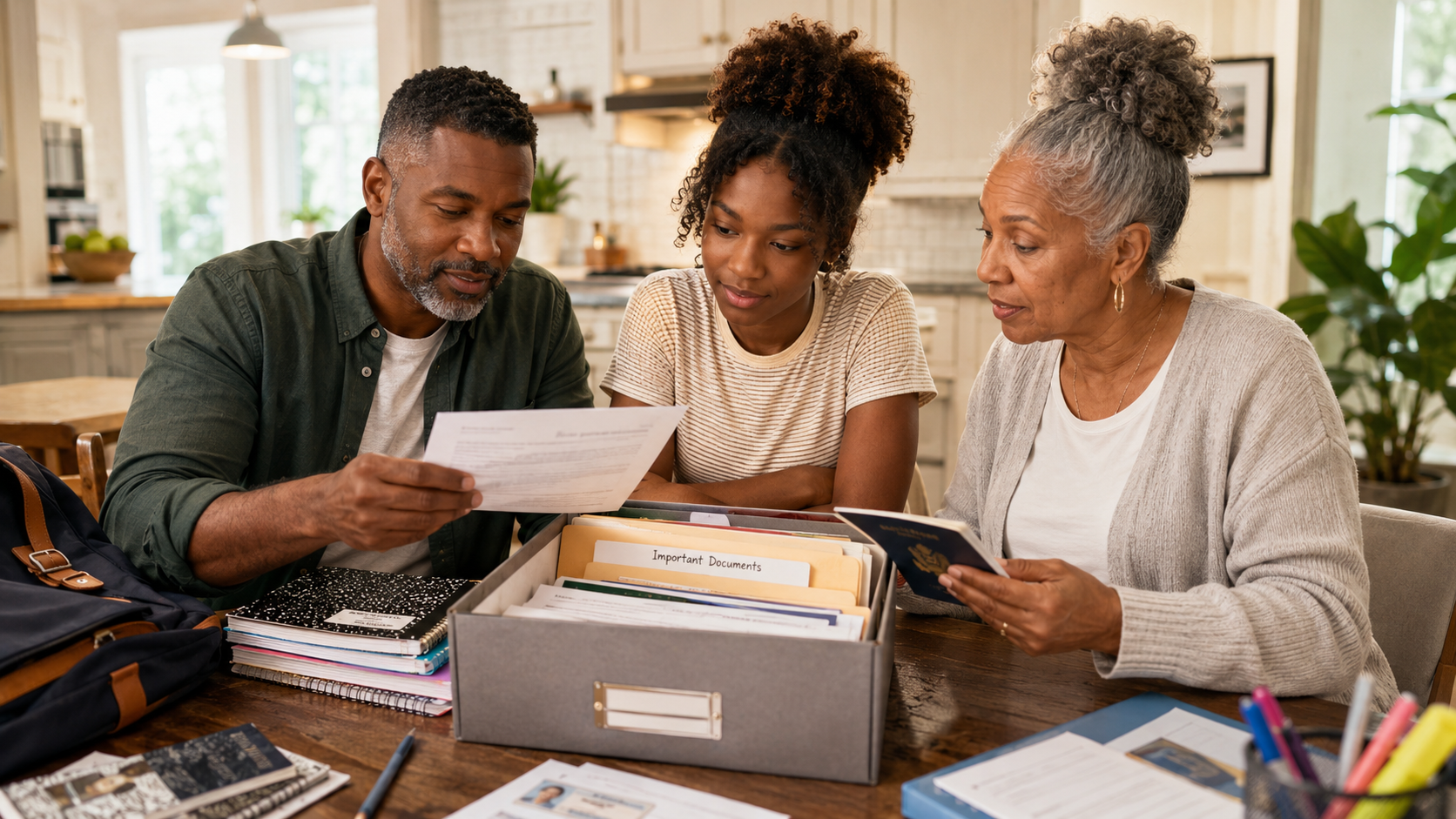 A Black multigenerational family reviews school records, identification, travel documents, and an important documents box before a back-to-school transition.