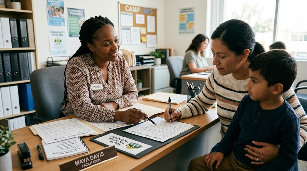 Document facilitator helping a parent complete a consent form and release paperwork for a child's camp or youth program in Metro Atlanta