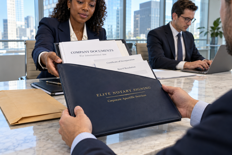 Business professionals exchange an Elite Notary Signing portfolio containing company documents for international use in a bright corporate office.