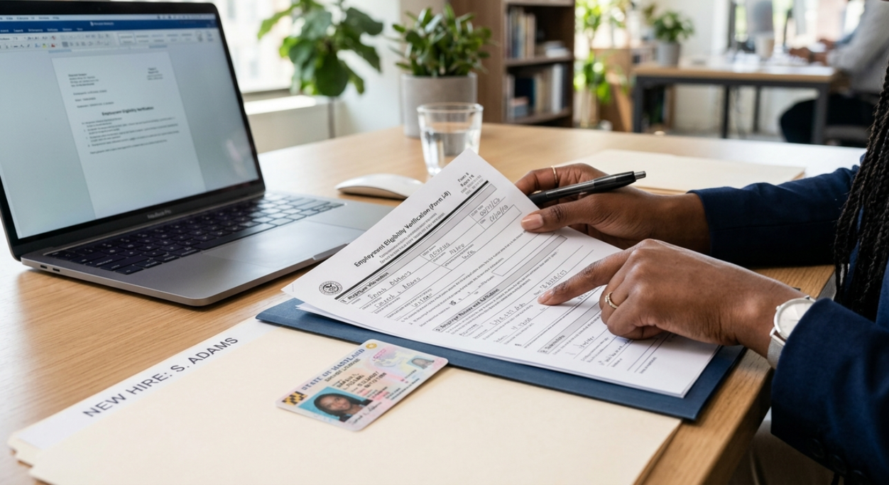 I-9 verification support appointment with employment documents and identification records prepared for review in Metro Atlanta