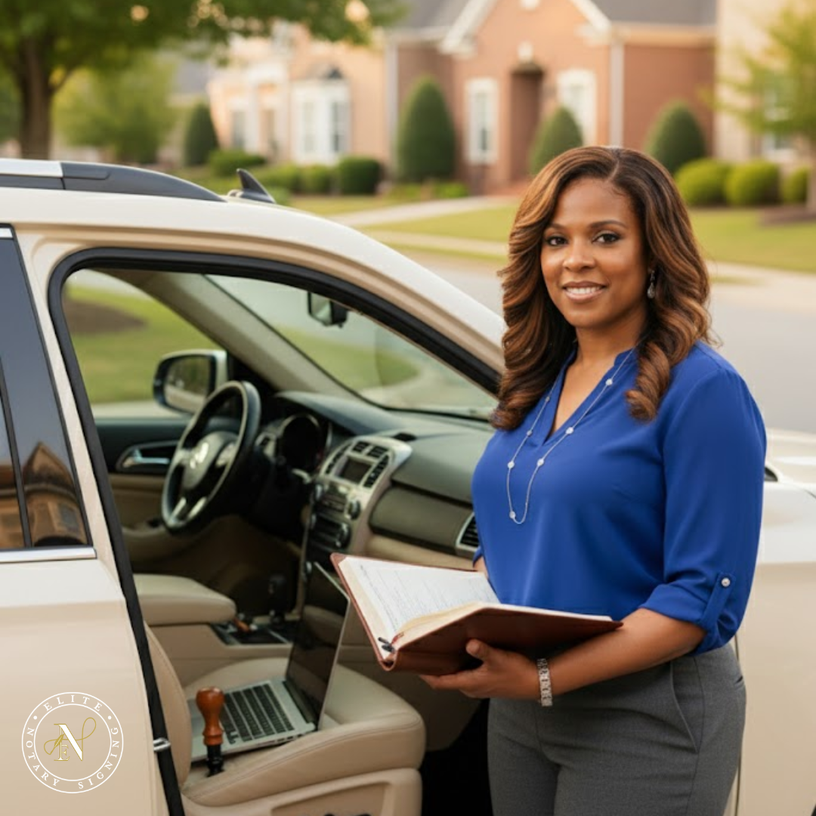 Chermaine Smith of Elite Notary Signing stands beside her vehicle, holding a notary portfolio and preparing for a mobile appointment. The scene reflects reliability, professionalism, and care through mobile notary services provided to families, professionals, and businesses across Metro Atlanta