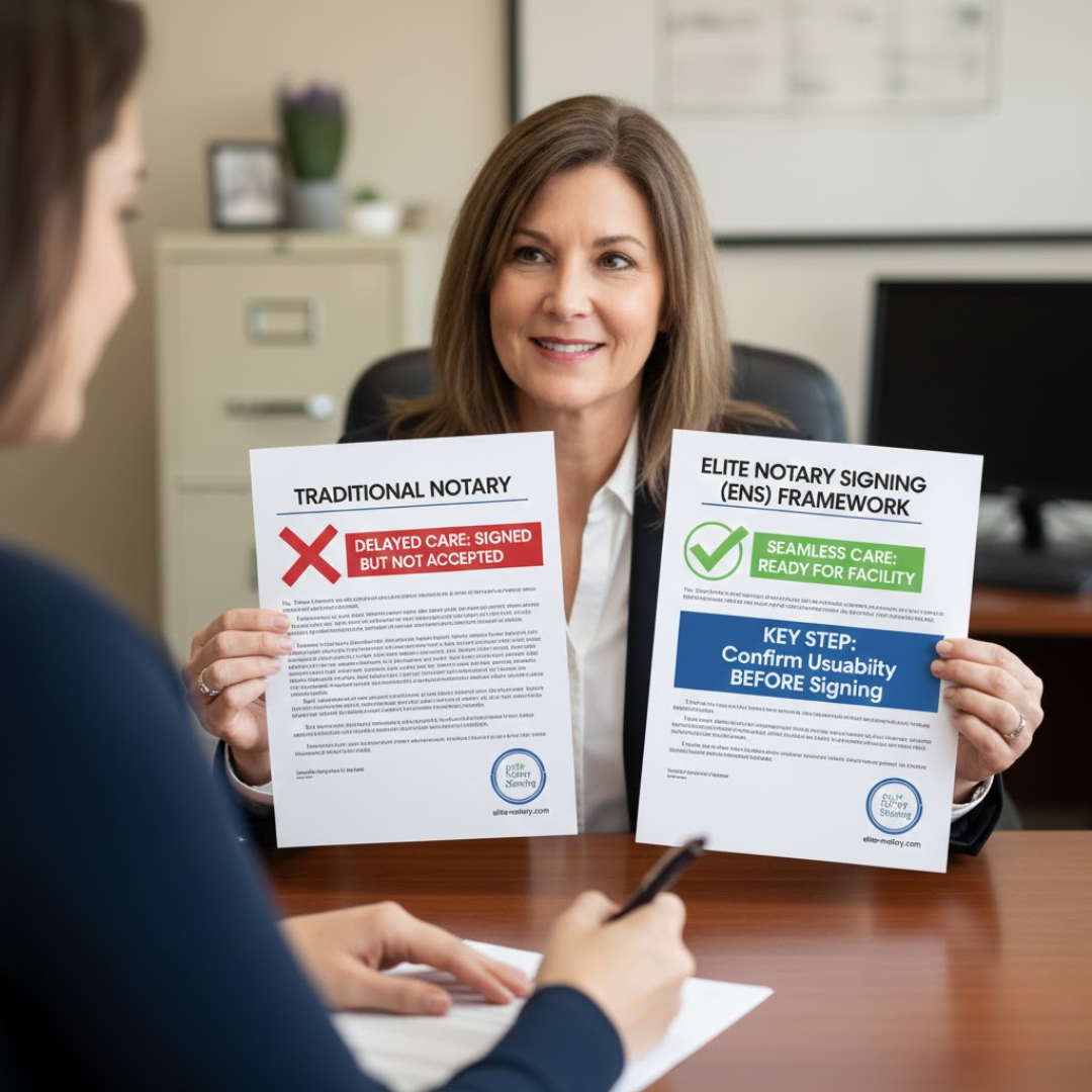 Notary explaining the importance of confirming document usability before signing, comparing traditional notarization with the Elite Notary Signing framework during an in-person appointment.