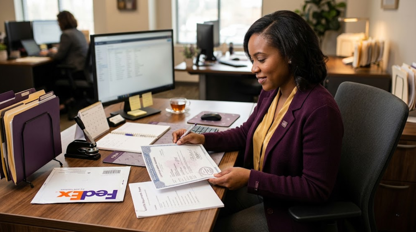 Apostille facilitator reviewing a birth certificate-style document with folders, checklist, and mailing envelope for Georgia apostille processing