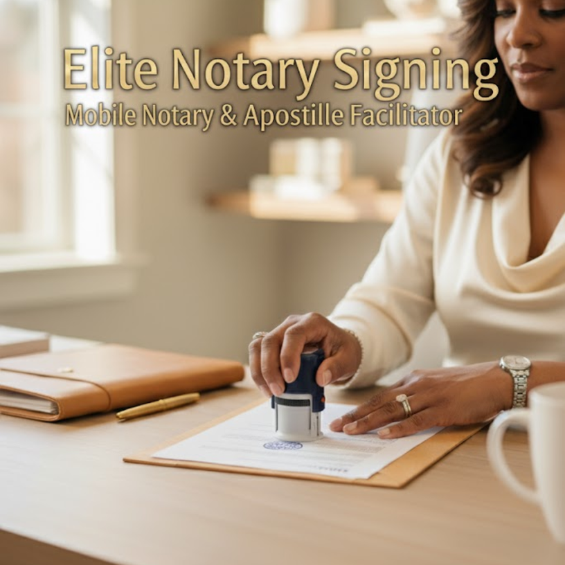 A professional African American woman notary applies her official seal to a document under soft daylight, representing Elite Notary Signing’s trusted mobile notary and apostille services across Metro Atlanta