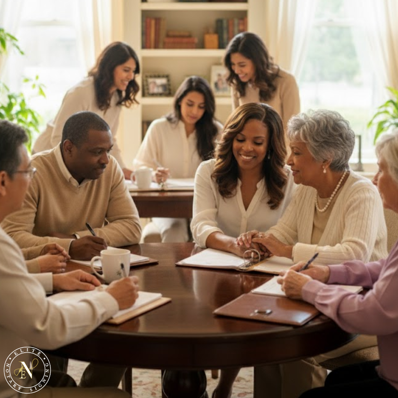 A multigenerational, diverse family gathers around a wooden table in a warmly lit home, reviewing important legal documents with smiles and calm focus. Chermaine Smith of Elite Notary Signing is seated among them, symbolizing trust, preparation, and family unity through professional estate planning notary services in Metro Atlanta