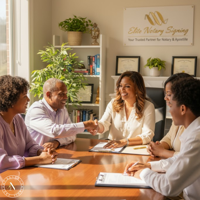 Chermaine Smith of Elite Notary Signing smiles and shakes hands with a client across a polished wooden table in a bright, welcoming office. A diverse group of adults sits nearby reviewing documents together, symbolizing trust, care, and professional excellence. The scene reflects why families across Metro Atlanta choose Elite Notary Signing for reliable notary and apostille services.