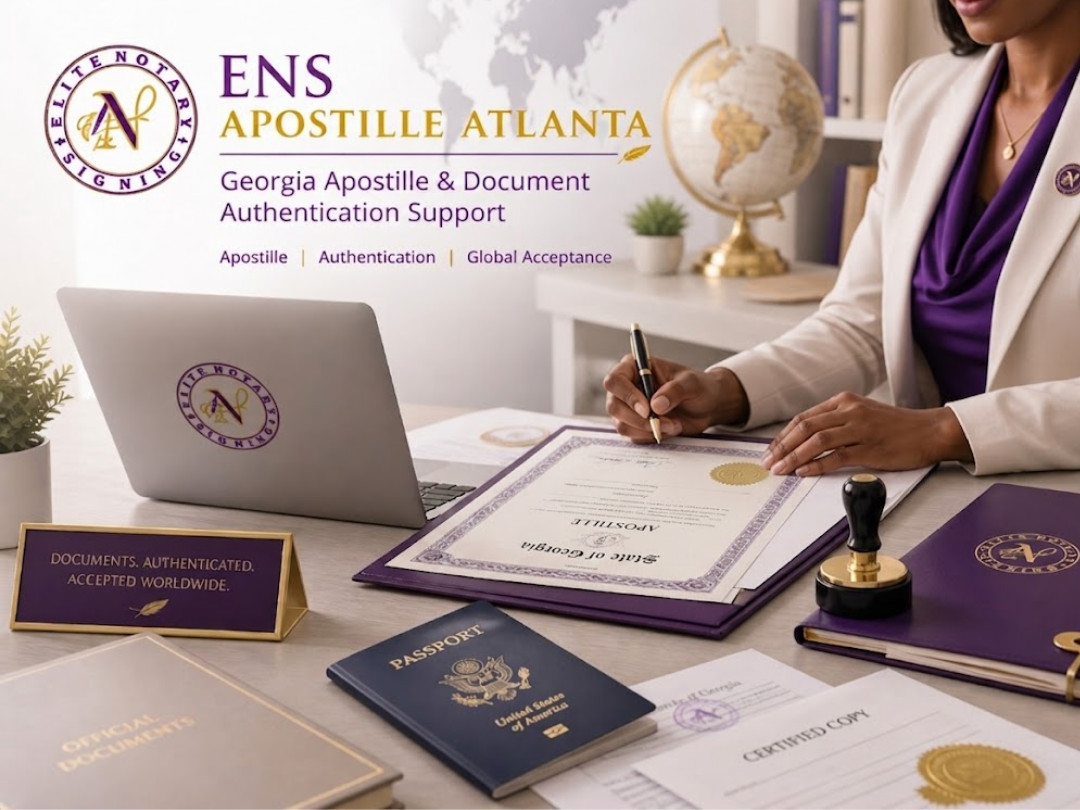 Professional woman reviewing Georgia apostille documents with passport, notary stamp, and ENS-branded laptop for apostille and document authentication support.