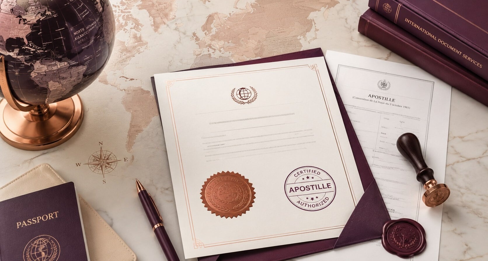International apostille and document authentication resources arranged with a globe, official records, seals, and global navigation details