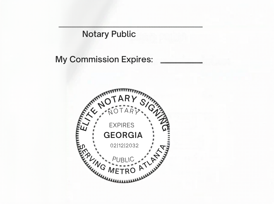 Elite Notary Signing notary stamp on a Georgia Notary Public form representing mobile notary services in Metro Atlanta.