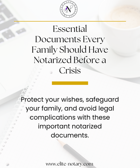 Essential estate planning document checklist cover featuring the Elite Notary Signing logo, a notebook, pen, and coffee cup on a white desk.