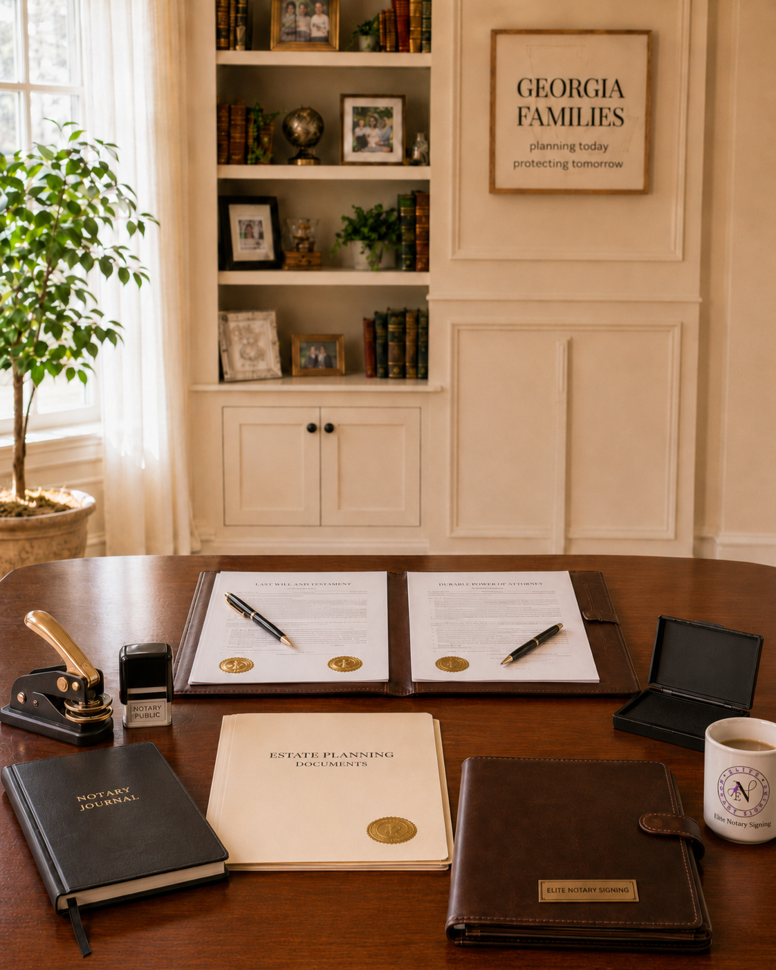 Organized estate planning documents, notary journal, seal embosser, stamp, pens, and Elite Notary Signing branded mug arranged on a wooden table in a warm Georgia office setting.