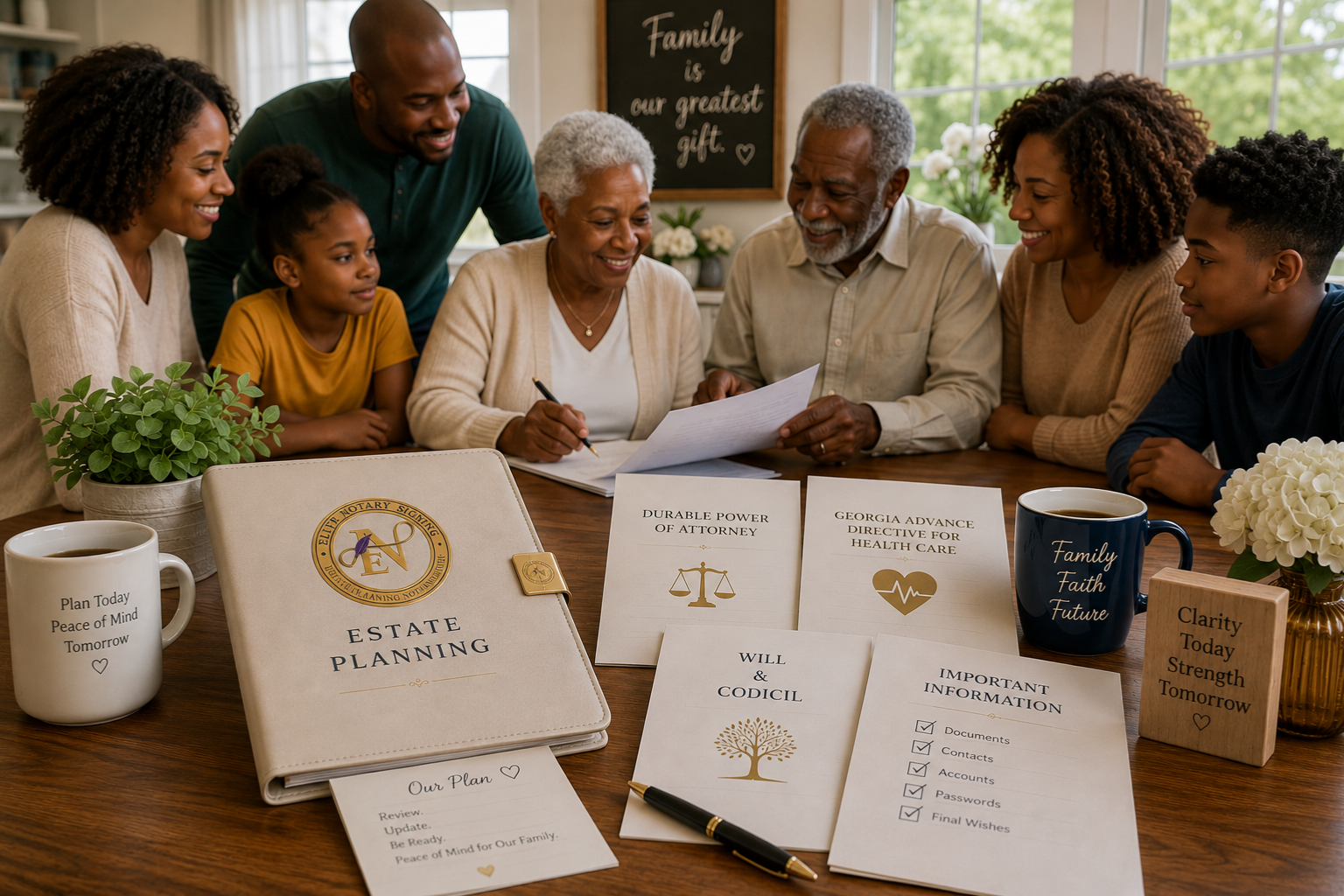 Three generations of a Georgia family reviewing a power of attorney, advance directive, and estate planning documents together at a summer reunion before a mobile notary appointment.