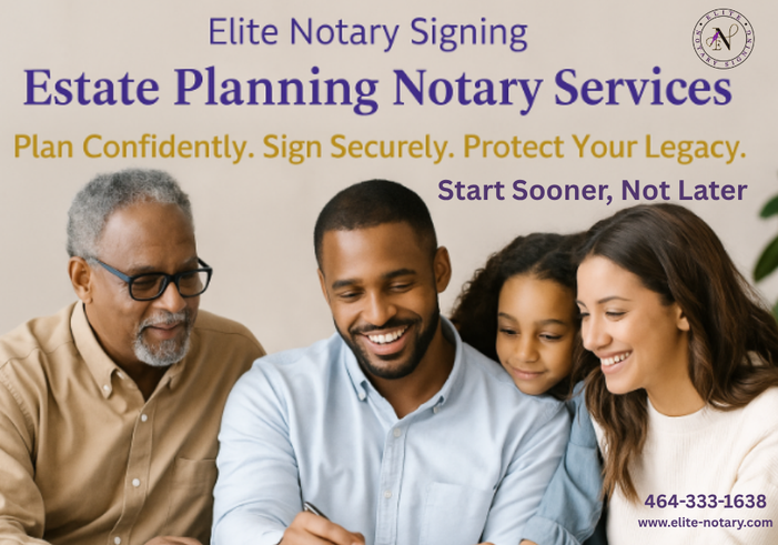 Smiling multigenerational Black family reviewing documents together, representing estate planning and notary services with Elite Notary Signing branding.
