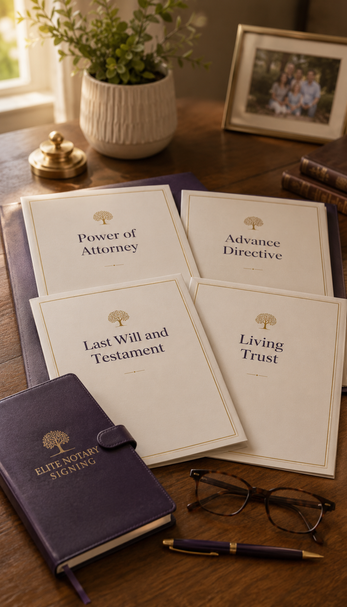 Estate planning notarization support in Metro Atlanta with Elite Notary Signing, showing organized documents for power of attorney, advance directive, will, or trust signing needs.