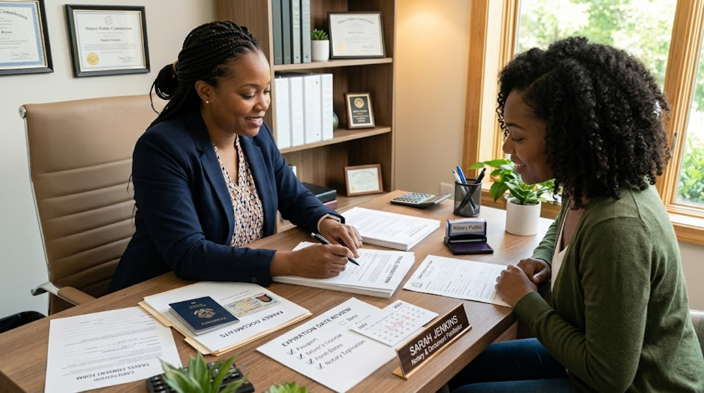 Document facilitator reviewing IDs, passport, forms, and an expiration date checklist before a notary or apostille appointment in Metro Atlanta