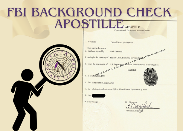 Sample FBI background check apostille issued by the U.S. Department of State in Washington, D.C., with Elite Notary Signing branding, fingerprint graphic, and disclaimer for educational use only.