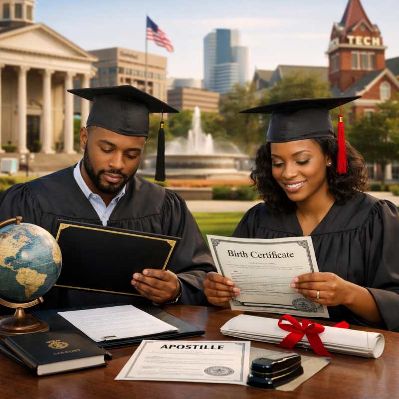 African American graduates reviewing Georgia diploma and birth certificate documents on a university campus table with apostille paperwork, representing structured apostille processing oversight in Georgia for international academic submission