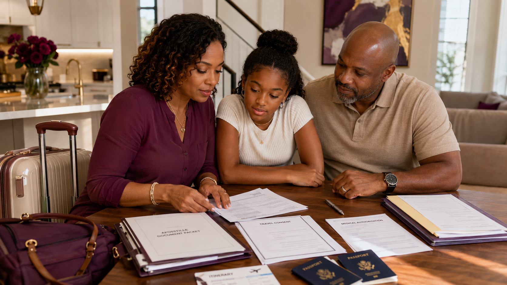 Georgia family reviewing notarized travel consent forms, medical authorization paperwork, passports, and apostille documents before summer travel.