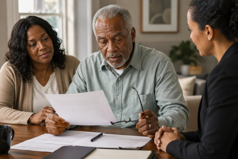 An adult signer pauses to review a document carefully before signing while a family member and staff member wait nearby in a calm professional setting.