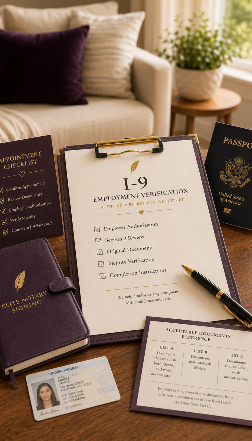 I-9 authorized representative support and online notarization review from Elite Notary Signing for employment and document verification needs.