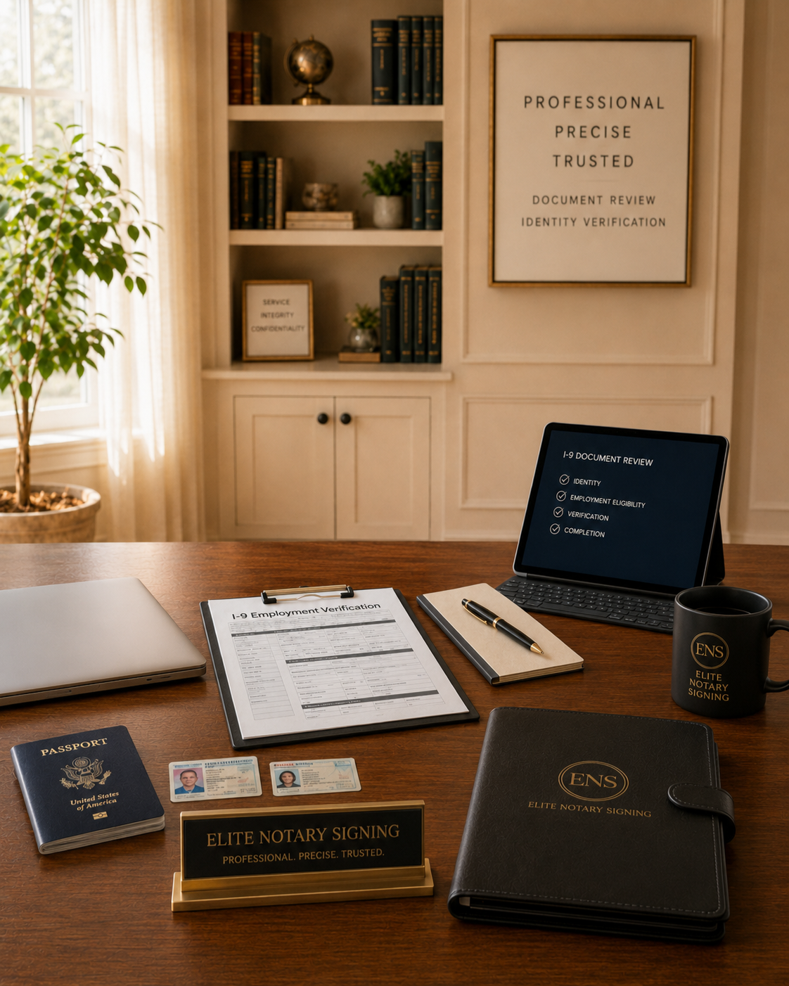 Professional I-9 employment verification desk setup for Elite Notary Signing in Duluth Georgia