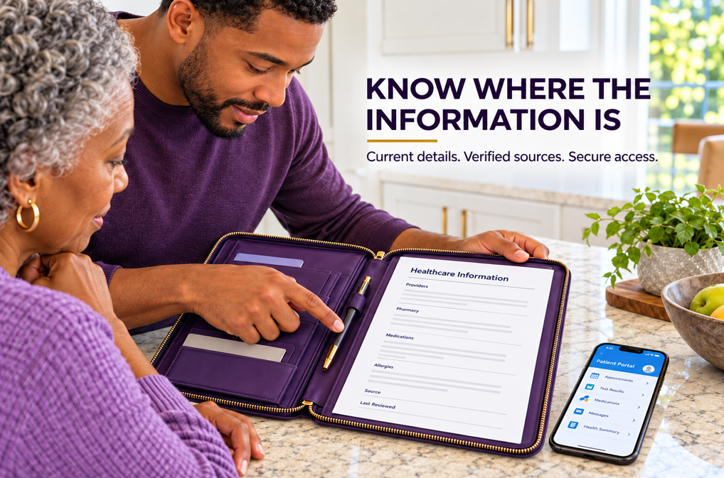 Over-the-shoulder view of a mother and daughter comparing a patient portal with a healthcare information sheet in a purple folio.