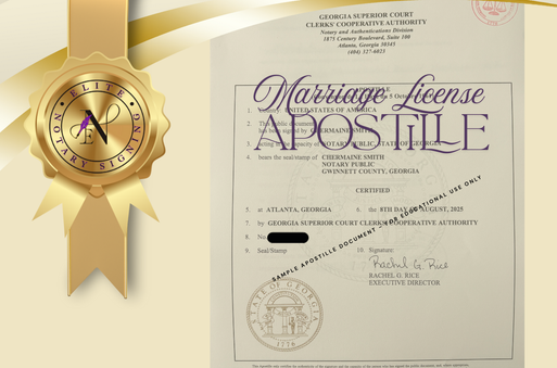 Sample Georgia state-level apostille document for a marriage certificate, issued by the GSCCCA in Atlanta, with Elite Notary Signing branding for educational use only.