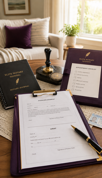 Mobile notary public service in Metro Atlanta by Elite Notary Signing, showing organized notary documents prepared for an appointment-based signing.