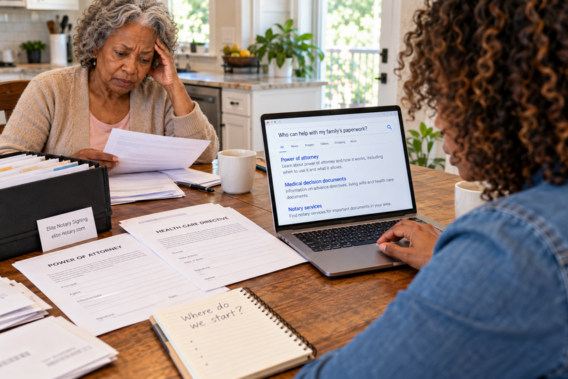 Mother and daughter review family paperwork while searching online for guidance at a bright kitchen table.