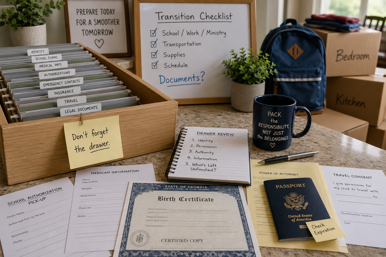Important school, medical, travel, identity, and authorization documents sit beside moving boxes and a transition checklist, showing how paperwork can be overlooked during a family restart.
