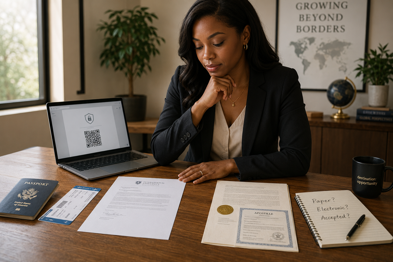 A paper apostille certificate and a secure electronic apostille displayed side by side as a traveler reviews international document requirements.