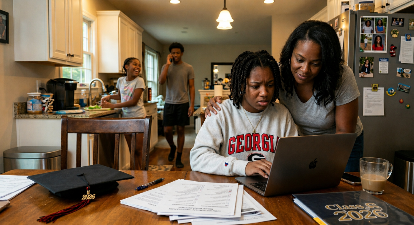 Parent supporting high school senior reviewing graduation requirements on laptop while siblings talk in background in Metro Atlanta home, Class of 2026 materials visible